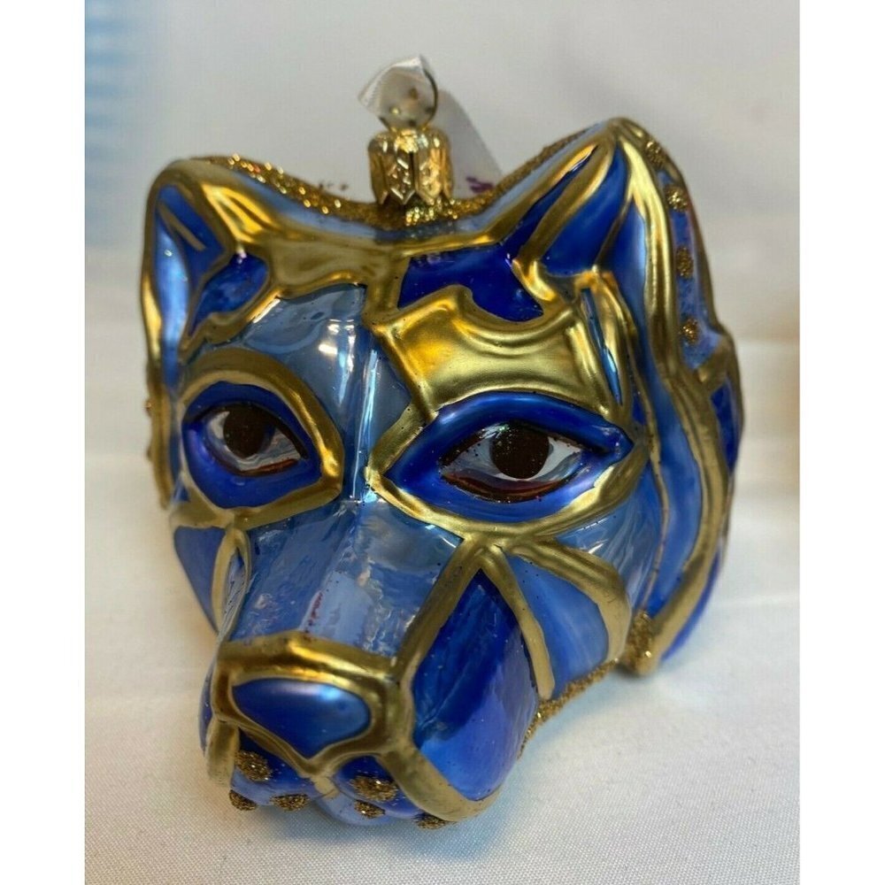 Ornaments To Remember Blue & Gold Wolf Mask Glass Christmas Ornament - NEW